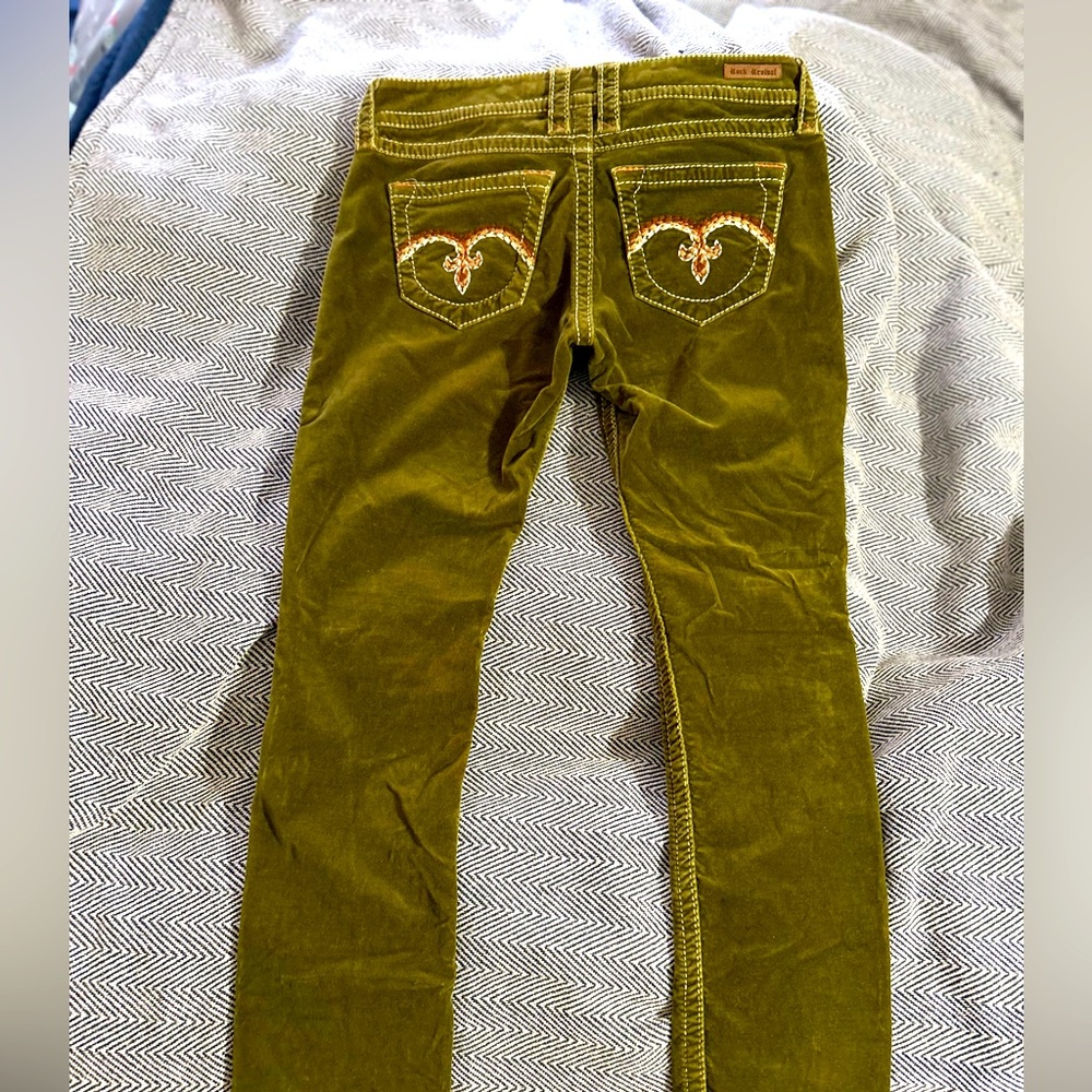 Cool Green Velvet Embroidered Womens Rock Revival Jeans/pants 32”waist 29”inseam